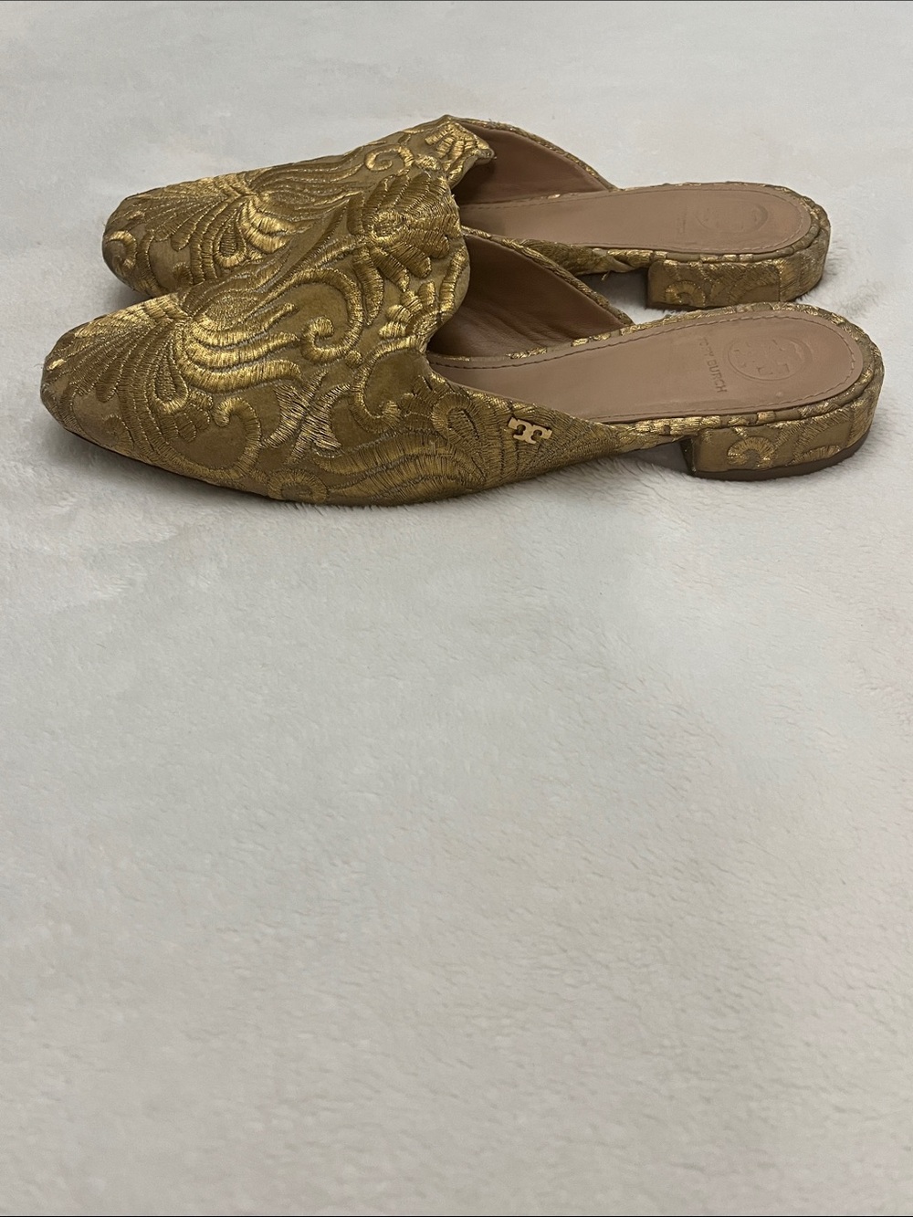 Tory Burch Metallic Gold Embroidered Slip-On Mules - Picture 4 of 11